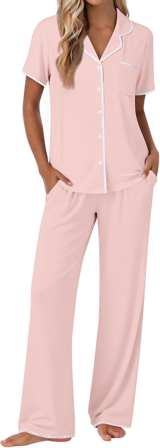 Ekouaer Pajamas for Women Set Button Up Soft Pjs Short Sleeve Lounge Sets