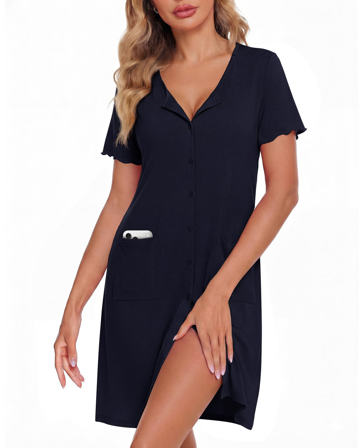 ZOOSIXX Nightgowns for Women - Short Sleeve Sleepwear Button Up Pajamas for Women V-Neck Sleepwear Dress with Pockets