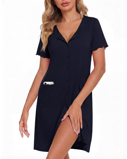ZOOSIXX Nightgowns for Women - Short Sleeve Sleepwear Button Up Pajamas for Women V-Neck Sleepwear Dress with Pockets