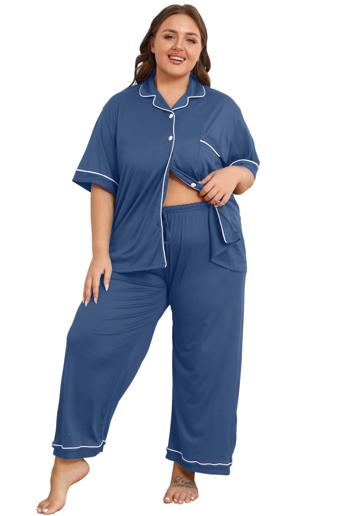 Vozanet Women's Plus Size Pajamas Button Down Shirt and Pants Soft Lounge Sets Bride Nighty Bottom with Pockets 1x to 5x
