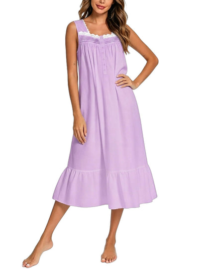 YOZLY Cotton Nightgowns for Women Embroidery Sleeveless Night Gown with Pockets S-XXXL
