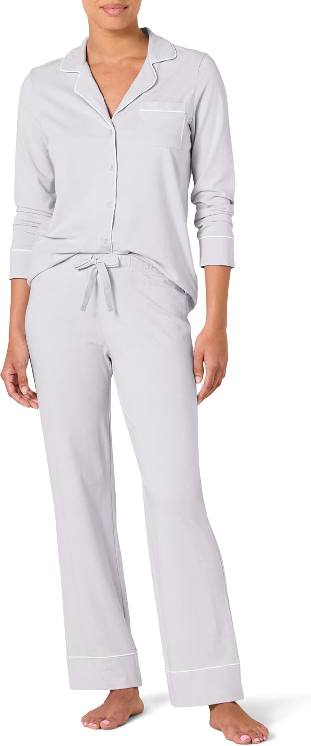 Amazon Essentials Women's Cotton Modal Long-Sleeve Notch Collar Shirt and Full-Length Elastic Waist Pajama Pant Set