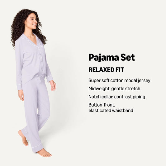 Amazon Essentials Women's Cotton Modal Long-Sleeve Notch Collar Shirt and Full-Length Elastic Waist Pajama Pant Set