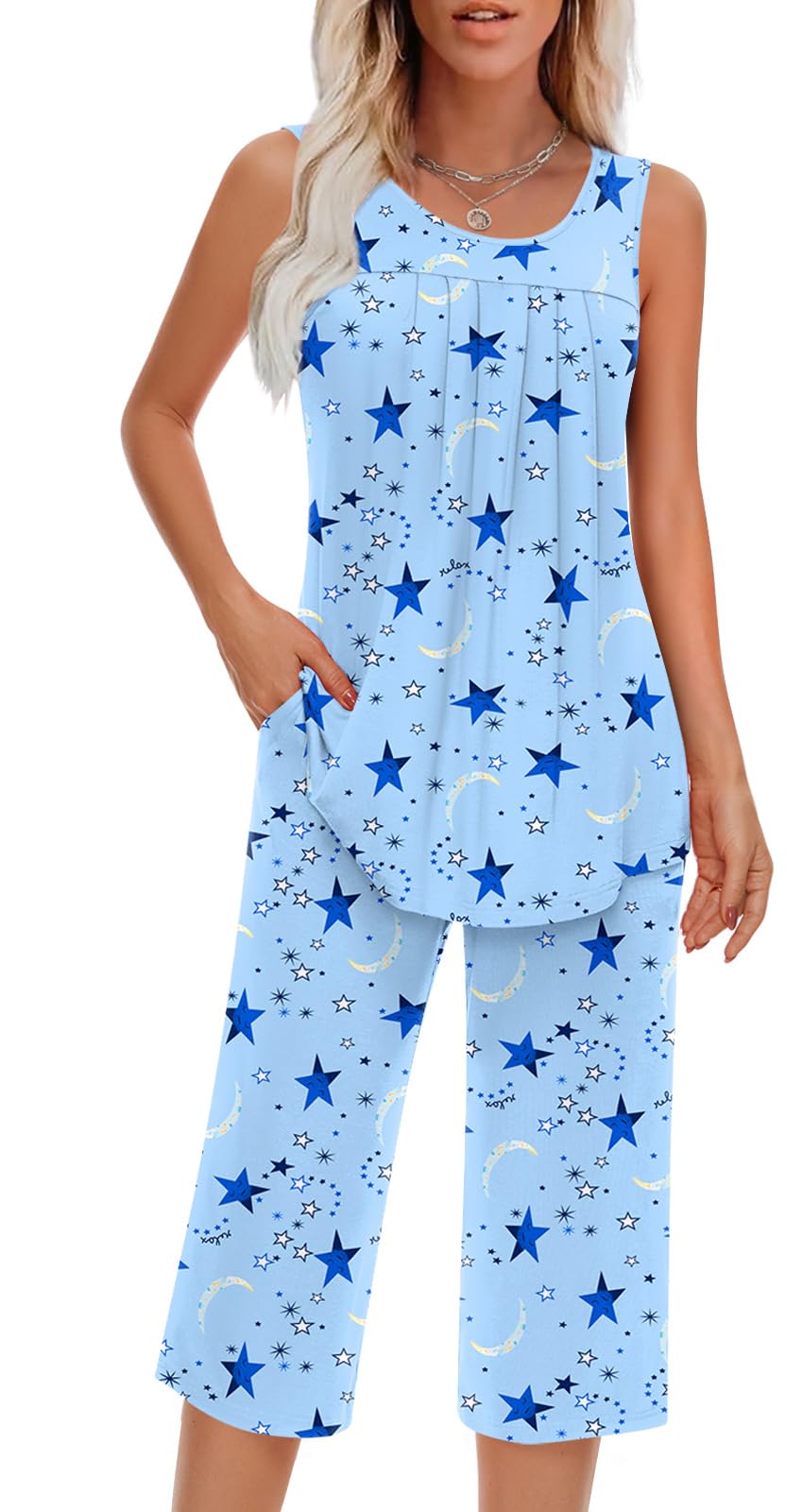 Findsweet Women Pajamas Sets Loungewear Soft Sleepwear Two Piece Summer Sleeveless Pjs Tank Top Pants with Pocket S-4XL