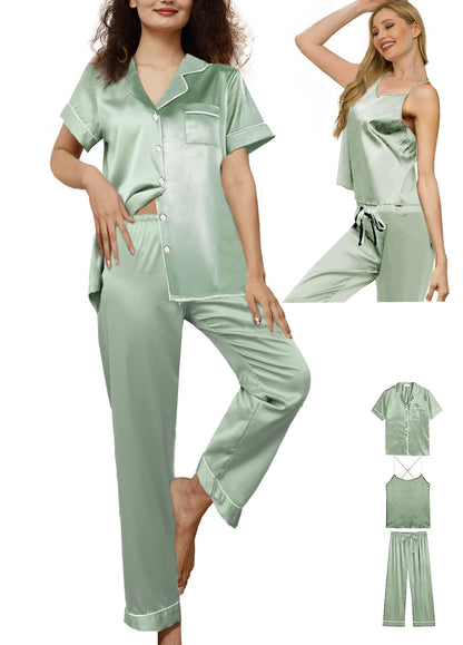 3Pcs Womens Satin Pajamas Set Silk Pj Sets Sexy Camisole Tops And Pants Silky Pajama XS-4XL Pjs Sleepwear