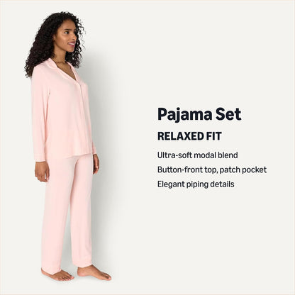 Amazon Essentials x Sofia Grainge Women's Stretch Modal Long-Sleeve Button-Front Top and Full-Length Bottom Pajama Set
