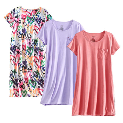 PNAEONG 3 Pack Women's Cotton Nightgown Short Sleeve Shirt Print Sleepdress