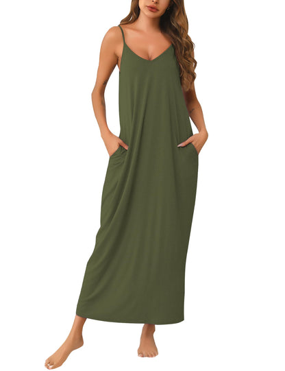 Marvmys Women's Cotton Long Nightgowns Sleeveless Sleep Dress with Pockets