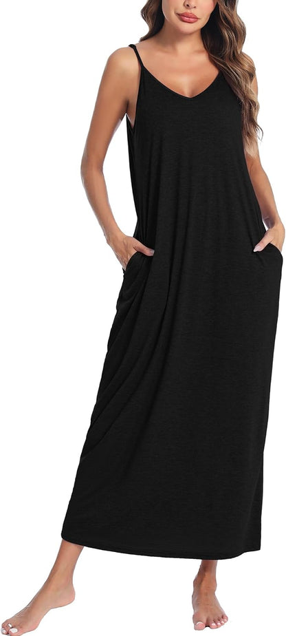 Marvmys Women's Cotton Long Nightgowns Sleeveless Sleep Dress with Pockets