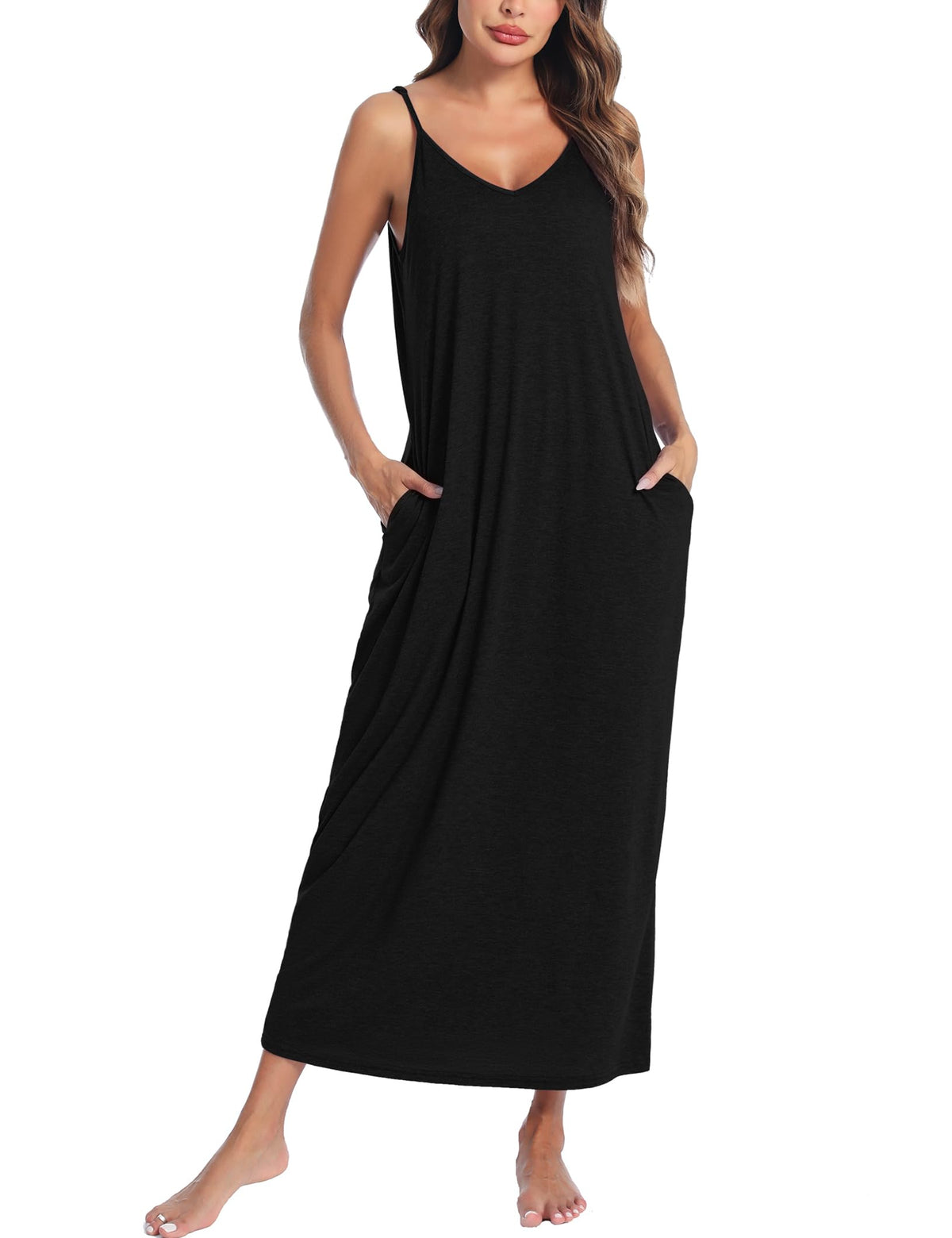 Marvmys Women's Cotton Long Nightgowns Sleeveless Sleep Dress with Pockets