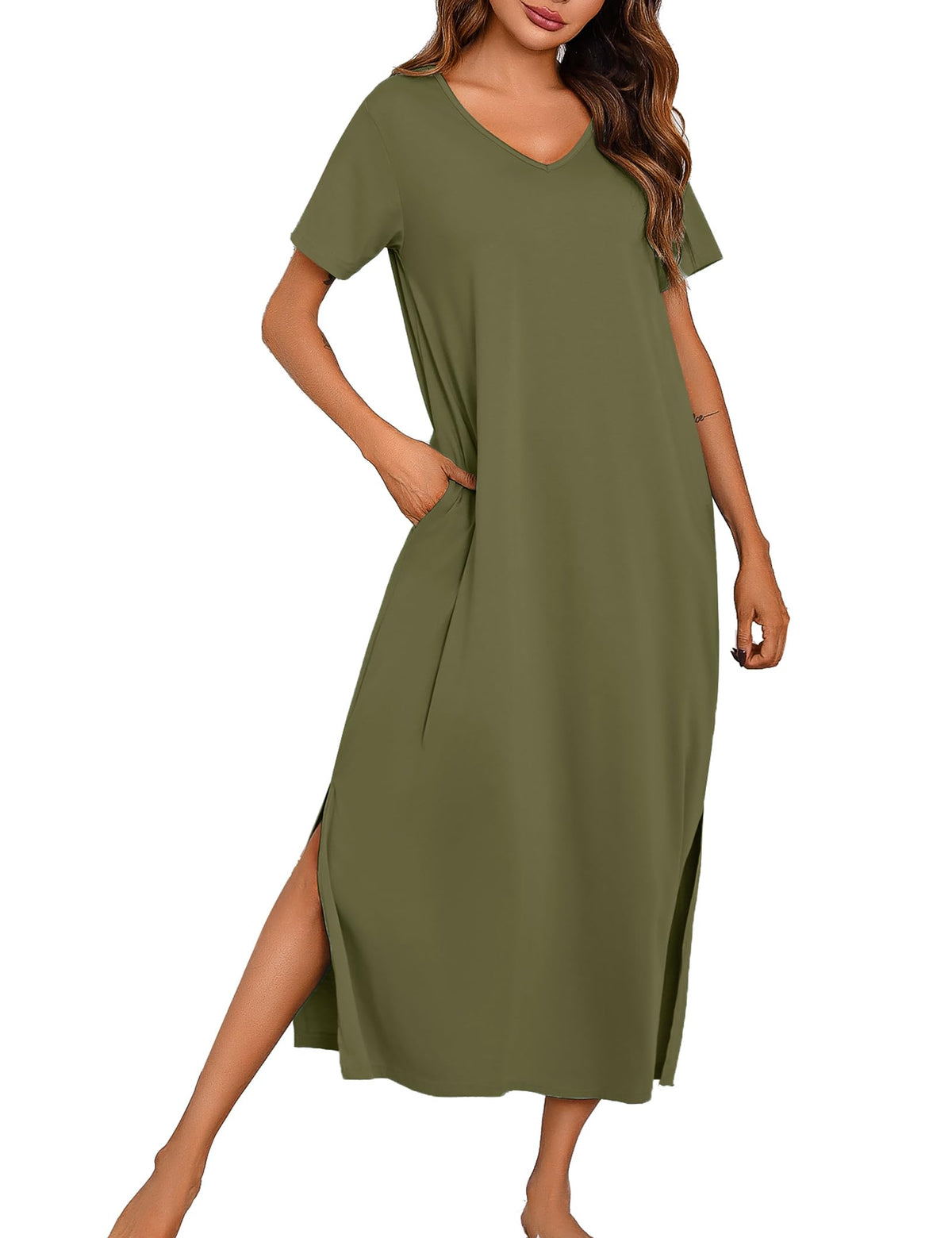Marvmys Women Short Sleeve Nightgown Cotton Long Nightshirts with Pocket