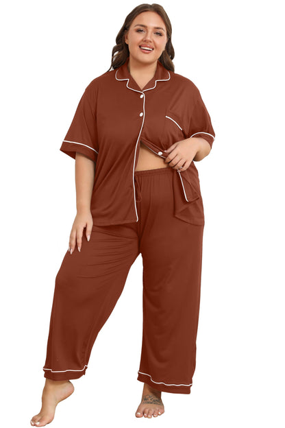 Vozanet Women's Plus Size Pajamas Button Down Shirt and Pants Soft Lounge Sets Bride Nighty Bottom with Pockets 1x to 5x
