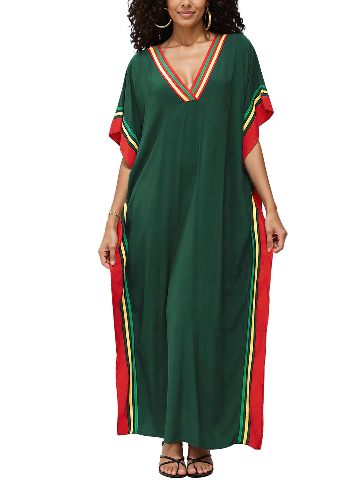 NFVNKJ Plus Size Mumu Dresses for Women - Boho Batwing Sleeve Caftan with Side Slits, Long Moo Moo Nightgown & Beach Cover Up