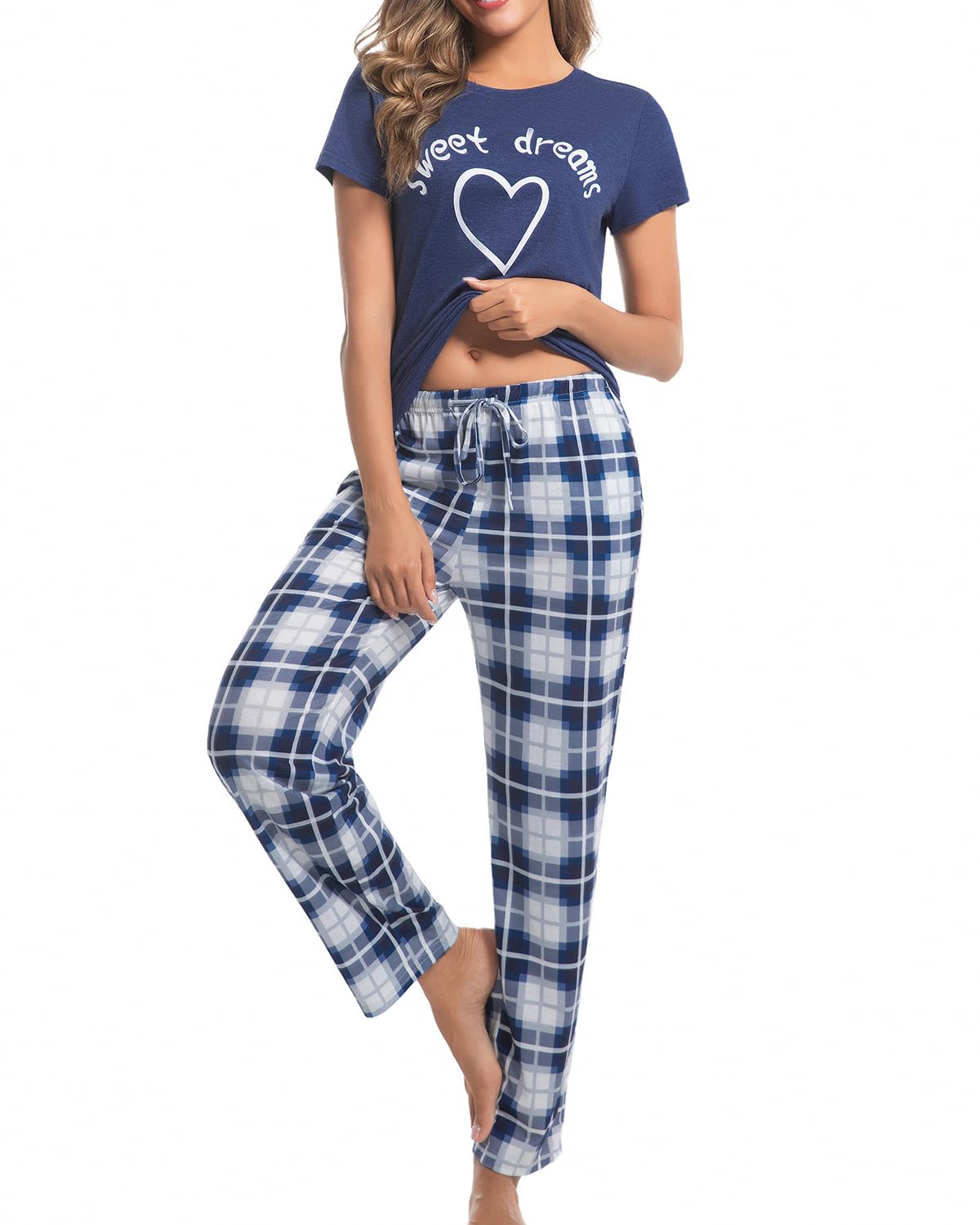 difficort Womens Pajama Sets Short Sleeve Long Pants Sleepwear with Pockets