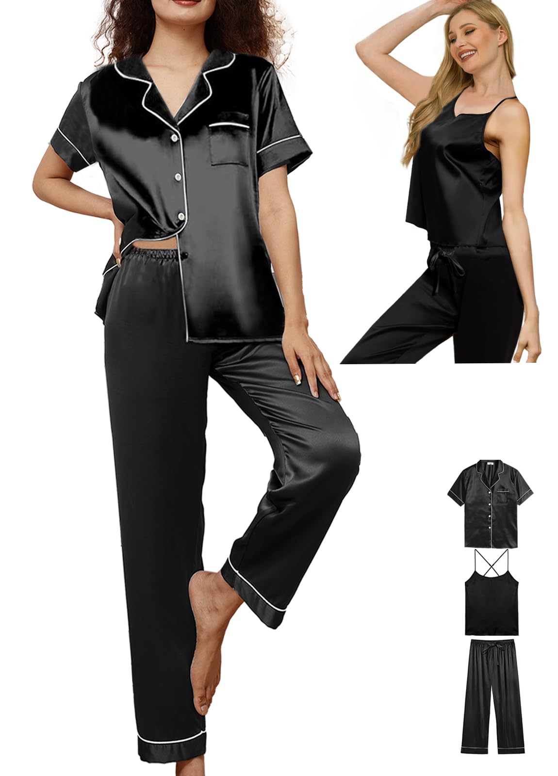 3Pcs Womens Satin Pajamas Set Silk Pj Sets Sexy Camisole Tops And Pants Silky Pajama XS-4XL Pjs Sleepwear