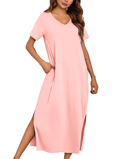Marvmys Women Short Sleeve Nightgown Cotton Long Nightshirts with Pocket