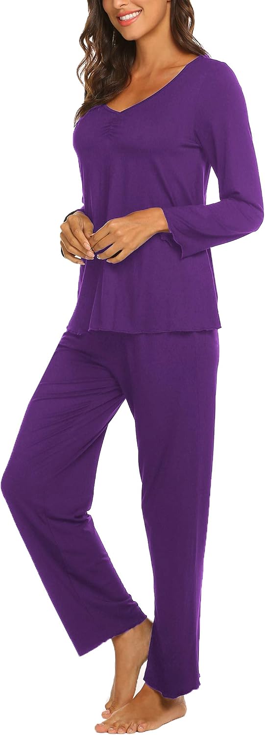 Ekouaer Pajamas for Women Set Long Sleeve Pleated Top and Pants Loungewear