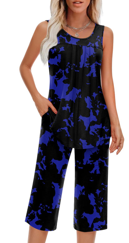 Findsweet Women Pajamas Sets Loungewear Soft Sleepwear Two Piece Summer Sleeveless Pjs Tank Top Pants with Pocket S-4XL