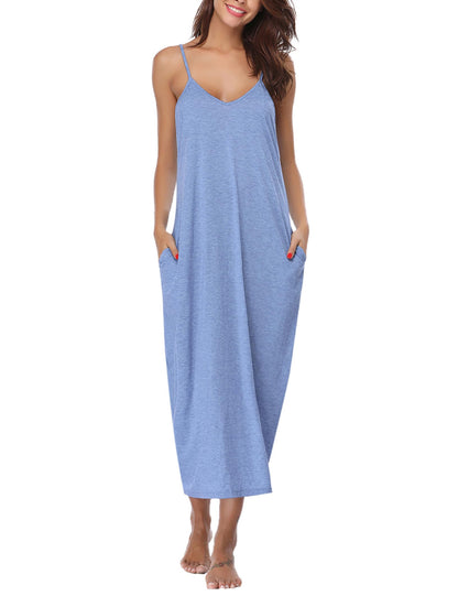 Marvmys Women's Cotton Long Nightgowns Sleeveless Sleep Dress with Pockets