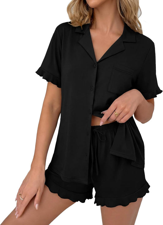Ekouaer Pajamas Set for Women Button Down Pjs Lounge Sets Ruffle Sleepwear