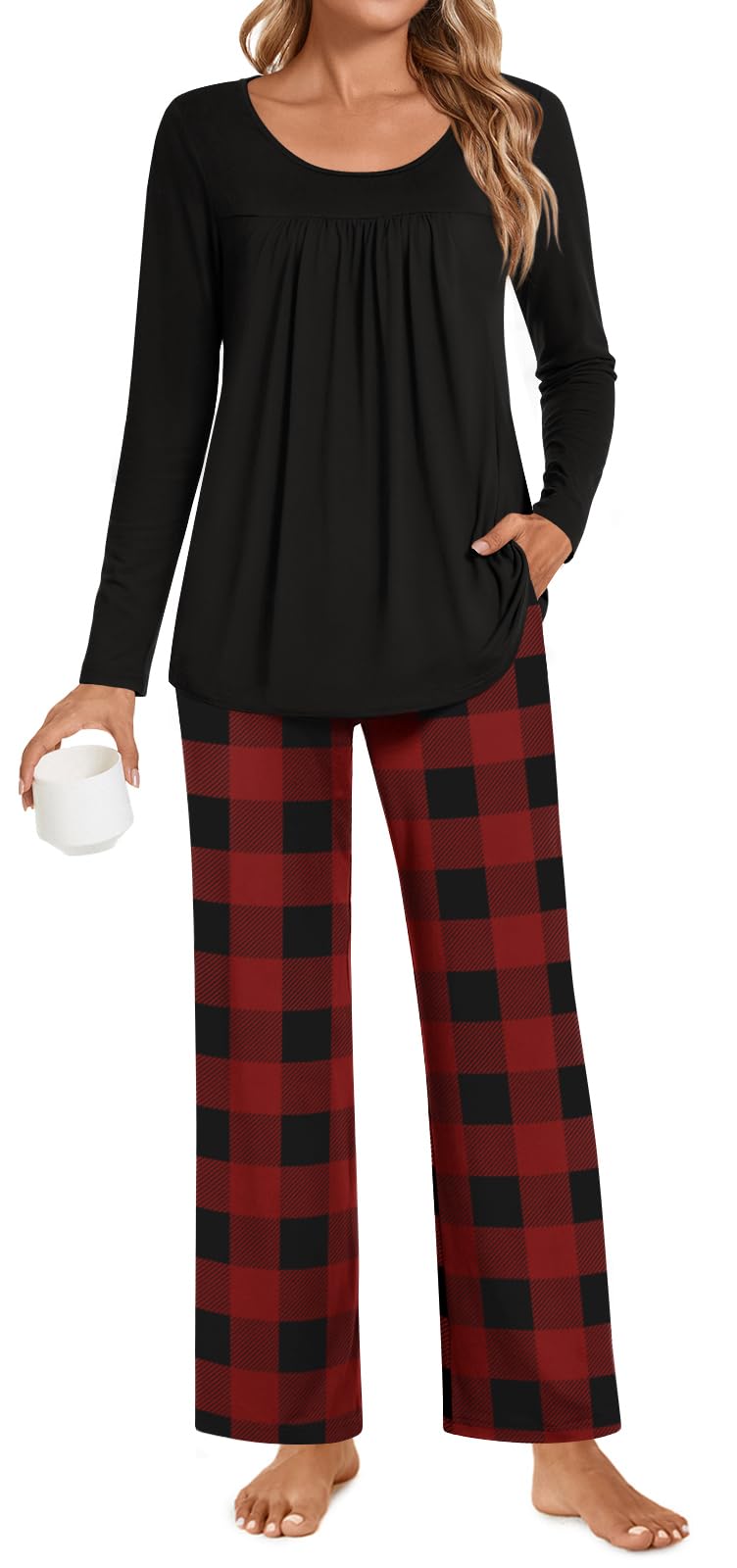 POPYOUNG Womens Pajama Set 2 Pieces Fall Pjs Comfy Sleepwear with Pockets
