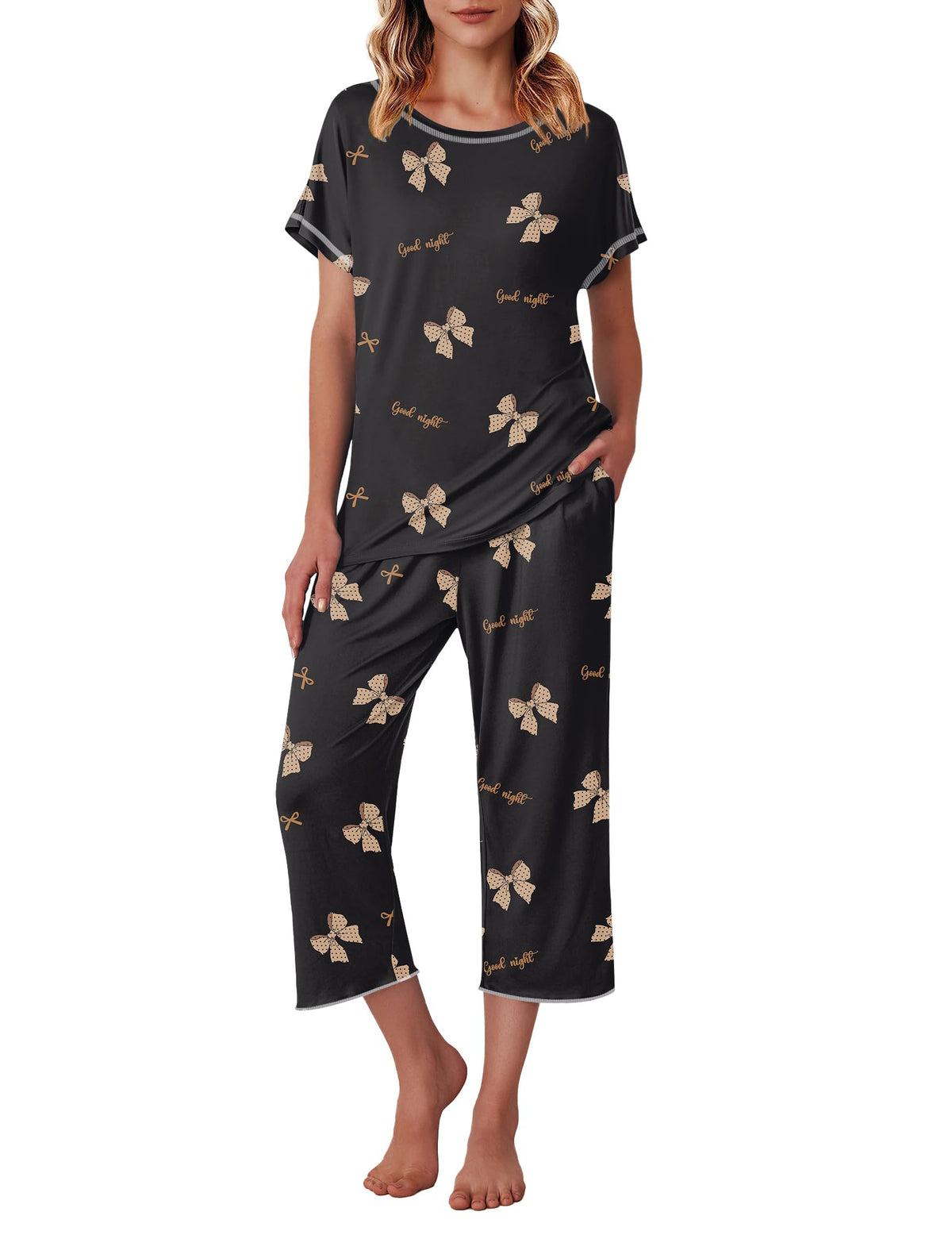 Ekouaer Womens Capri Pajama Sets Print Short Sleeve Sleepwear Top and Pants
