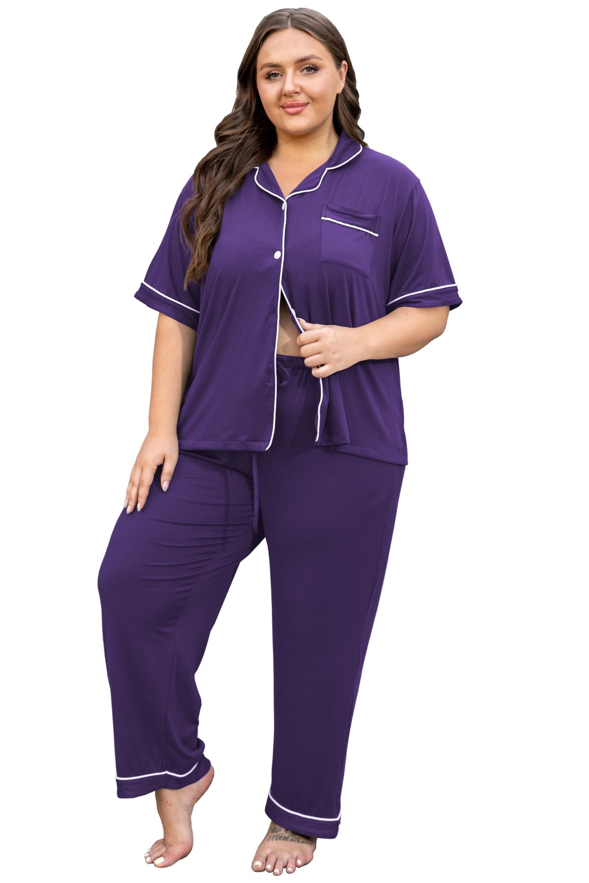Vozanet Women's Plus Size Pajamas Button Down Shirt and Pants Soft Lounge Sets Bride Nighty Bottom with Pockets 1x to 5x