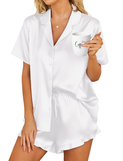 HOTOUCH Womens Satin Pajamas Set Button Down 2 Piece Ruffle Shorts Set