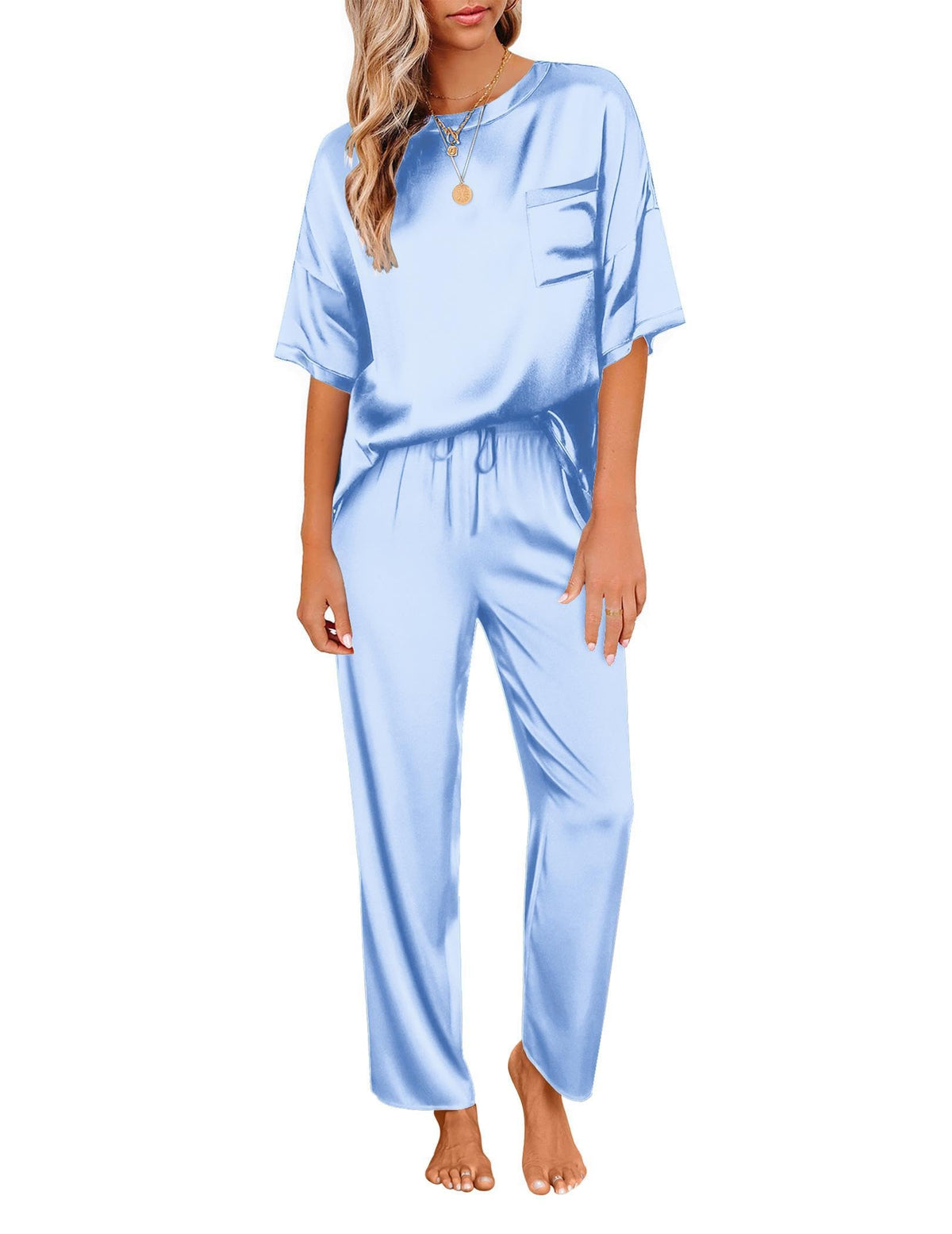 Ekouaer Pajamas for Women Set Silky Satin 2 Piece Lounge Sets with Pockets