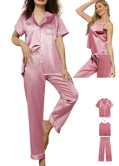 3Pcs Womens Satin Pajamas Set Silk Pj Sets Sexy Camisole Tops And Pants Silky Pajama XS-4XL Pjs Sleepwear