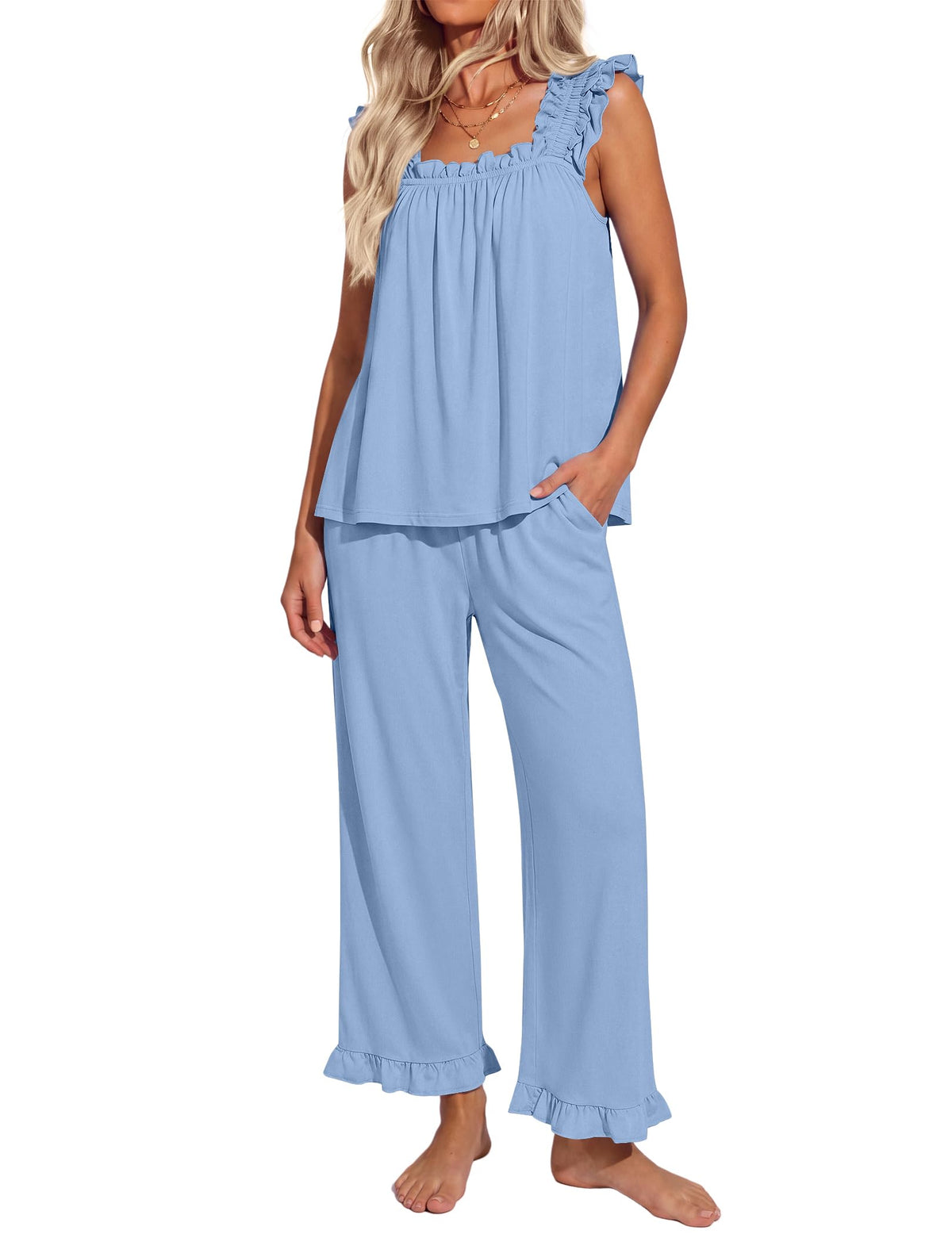 Ekouaer Pajamas for Women Set 2 Piece Ruffle Sleeveless Pj Bridal Sleepwear