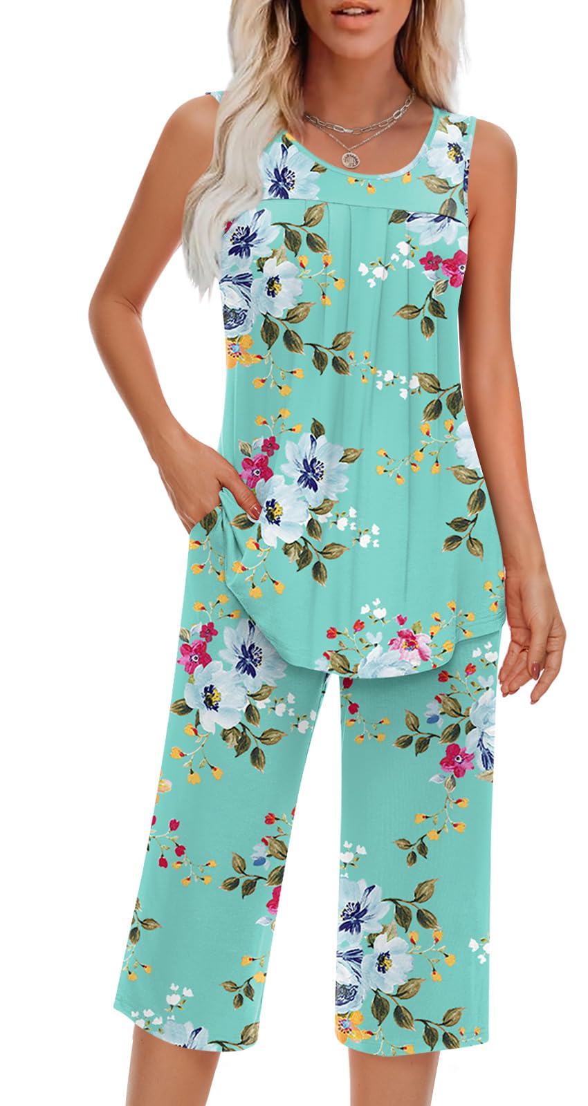 Findsweet Women Pajamas Sets Loungewear Soft Sleepwear Two Piece Summer Sleeveless Pjs Tank Top Pants with Pocket S-4XL