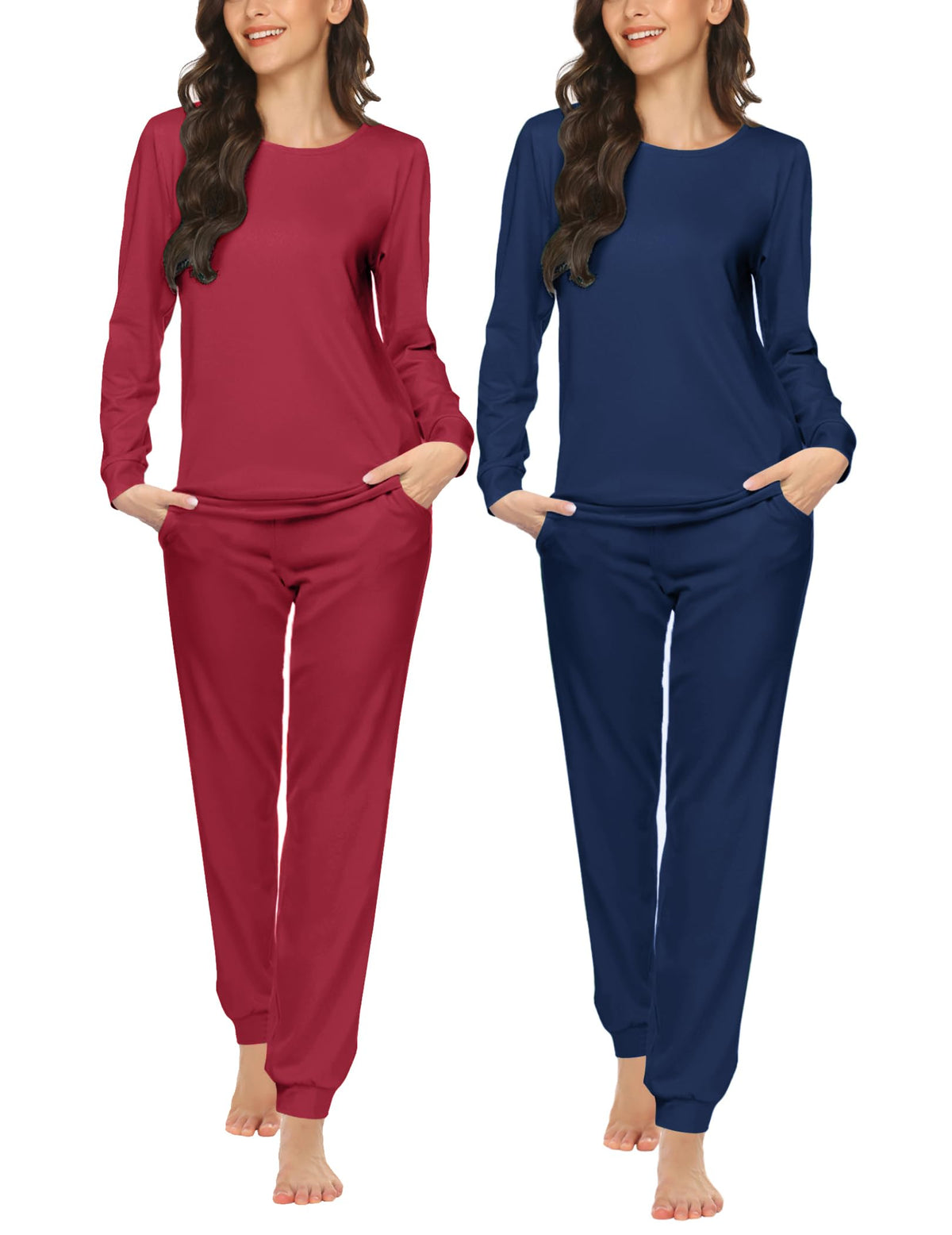 Ekouaer 2 Pack Pajama Sets for Women,Long Sleeve Top Jogger Pant Loungewear