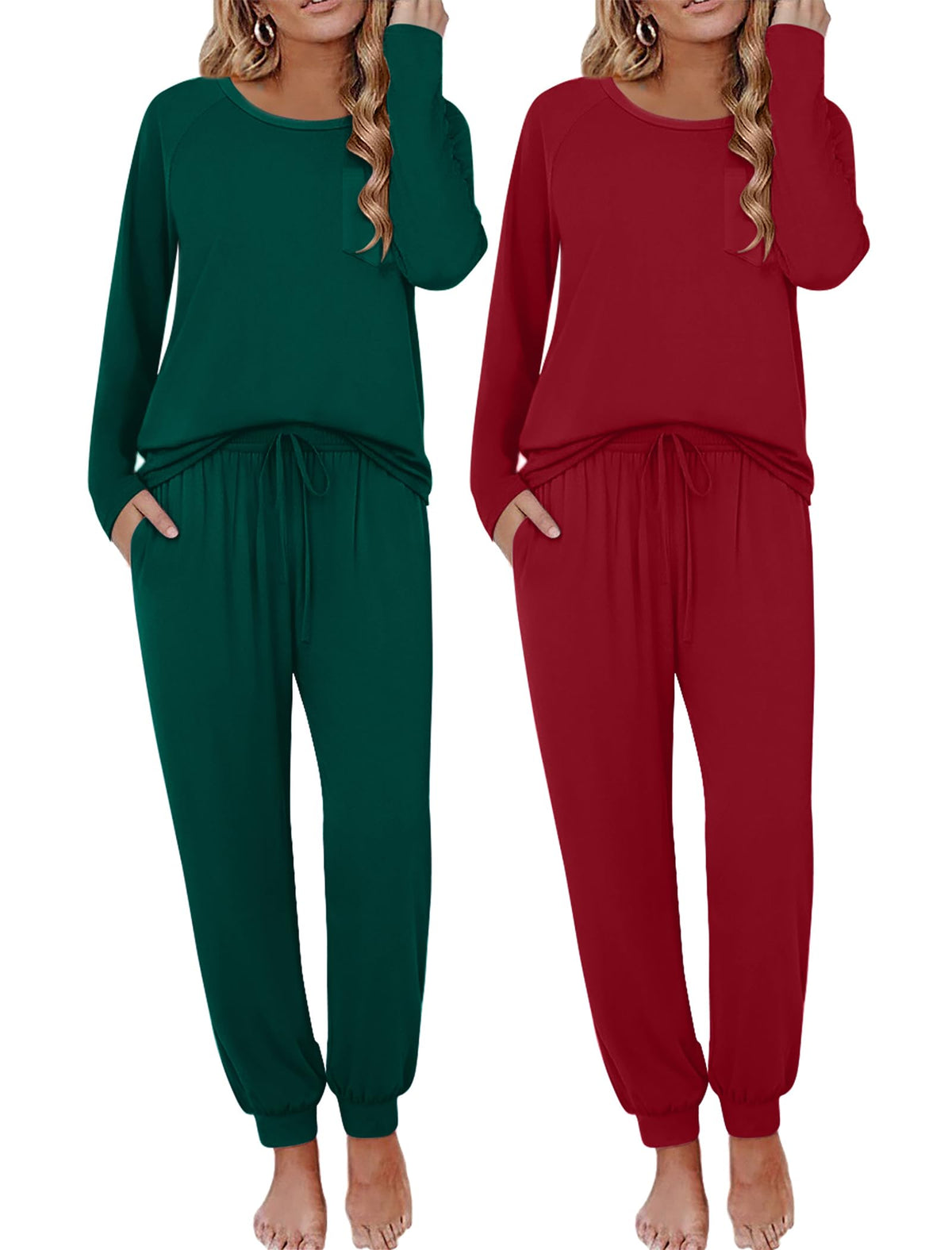 Ekouaer 2 Pack Womens Pajama Sets Long Sleeve Pjs Soft Comfy Lounge Set