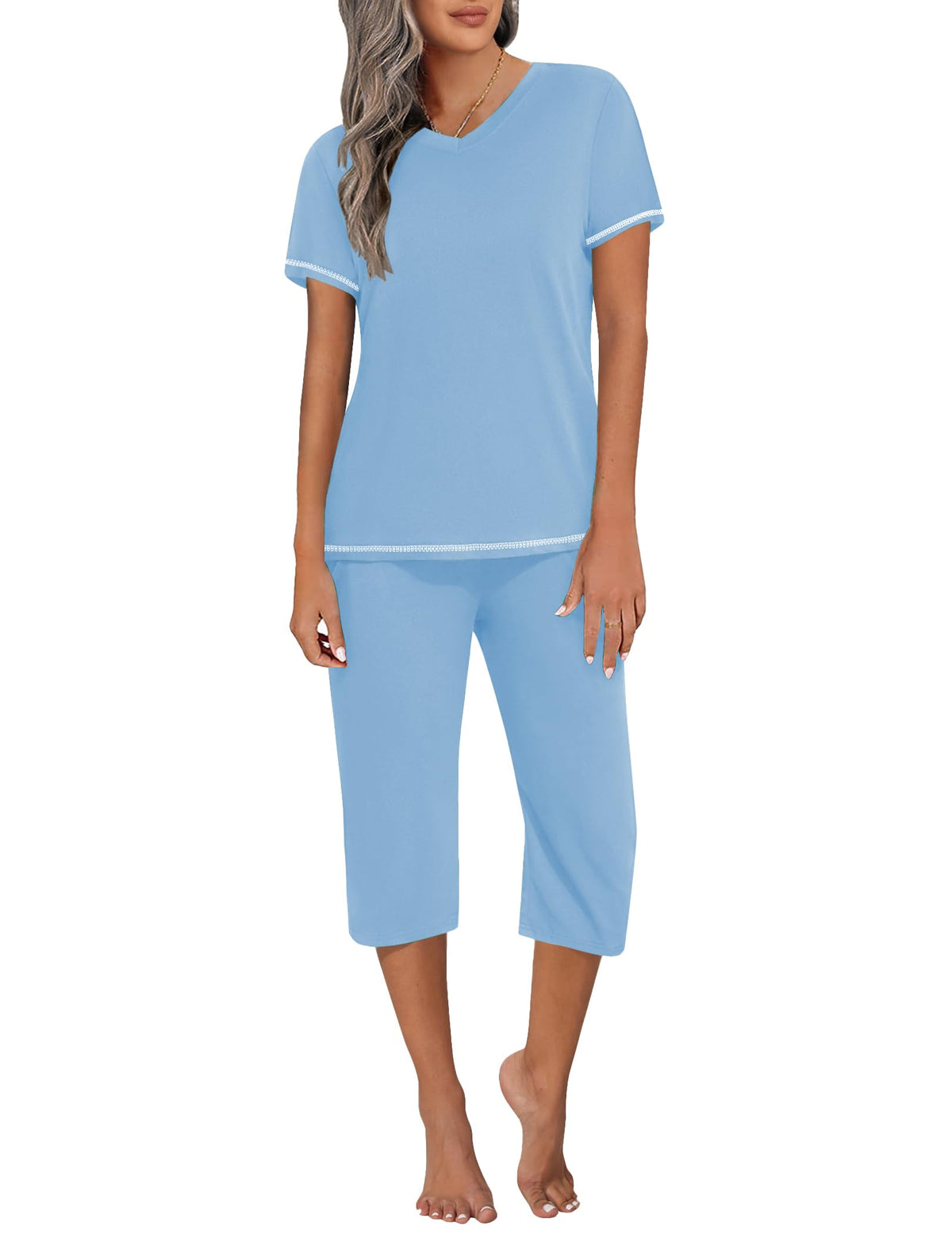 Ekouaer Women's Capri Pajama Sets Short Sleeve Two Piece Summer Lounge Sets