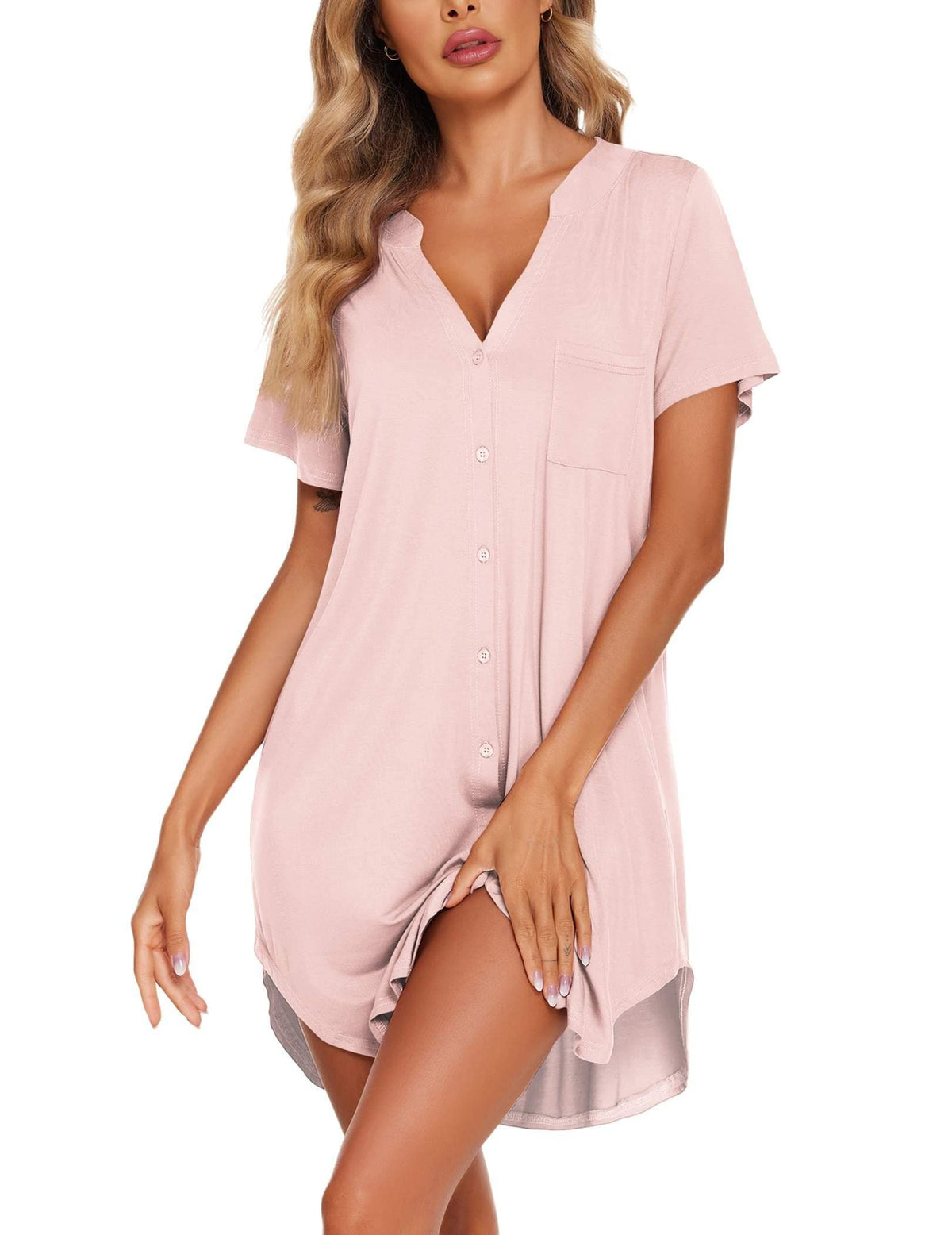 Ekouaer Womens Nightgown V Neck Button Down Sleepshirts Soft Sleepdress