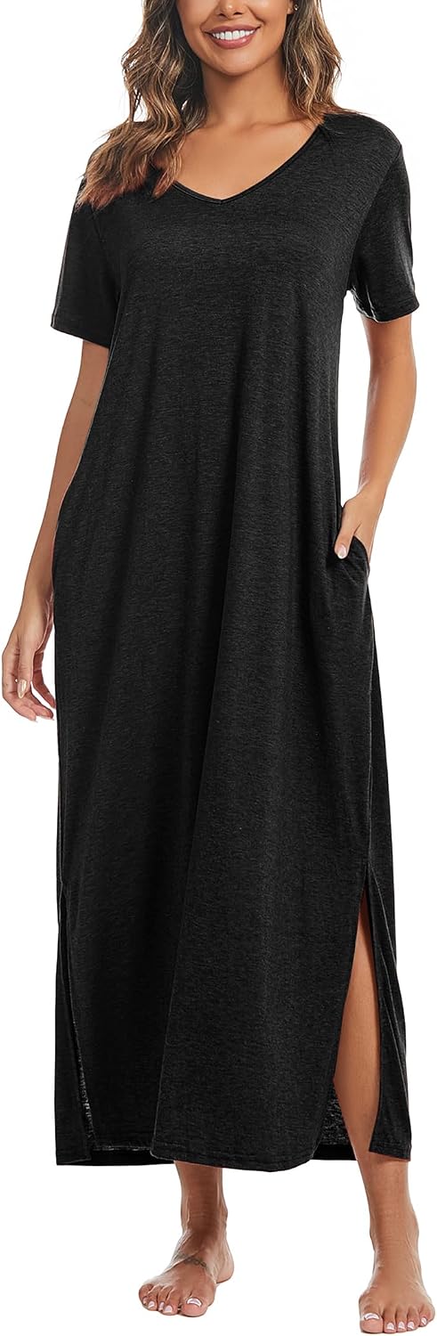 Marvmys Women Short Sleeve Nightgown Cotton Long Nightshirts with Pocket