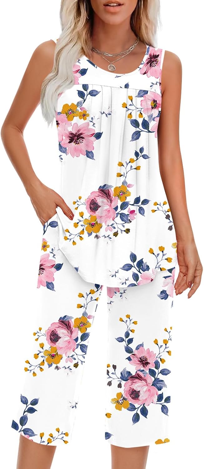 Findsweet Women Pajamas Sets Loungewear Soft Sleepwear Two Piece Summer Sleeveless Pjs Tank Top Pants with Pocket S-4XL