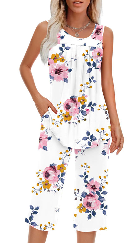 Findsweet Women Pajamas Sets Loungewear Soft Sleepwear Two Piece Summer Sleeveless Pjs Tank Top Pants with Pocket S-4XL
