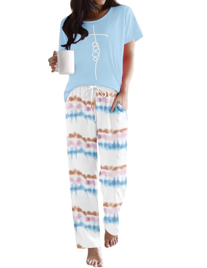 Ekouaer Womens Pajamas Sets Round Neck Pjs Loose Lounge Sets Sleepwear