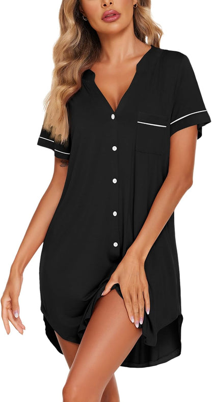 Ekouaer Nightgowns for Women Button Down Night Gown Short Sleeve Sleepshirt