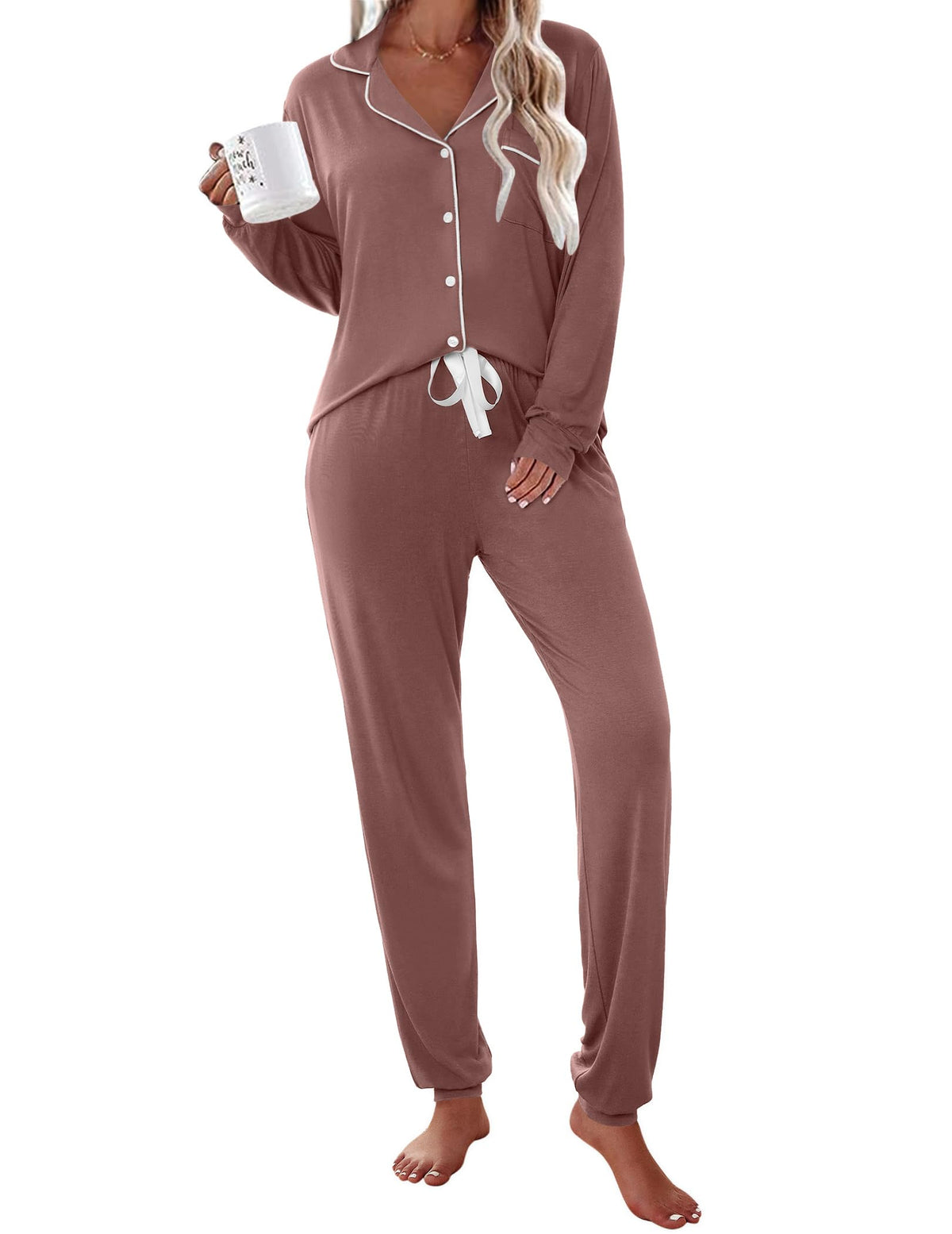 Ekouaer Pajamas Set Long Sleeve Sleepwear Womens Button Down Soft Pjs