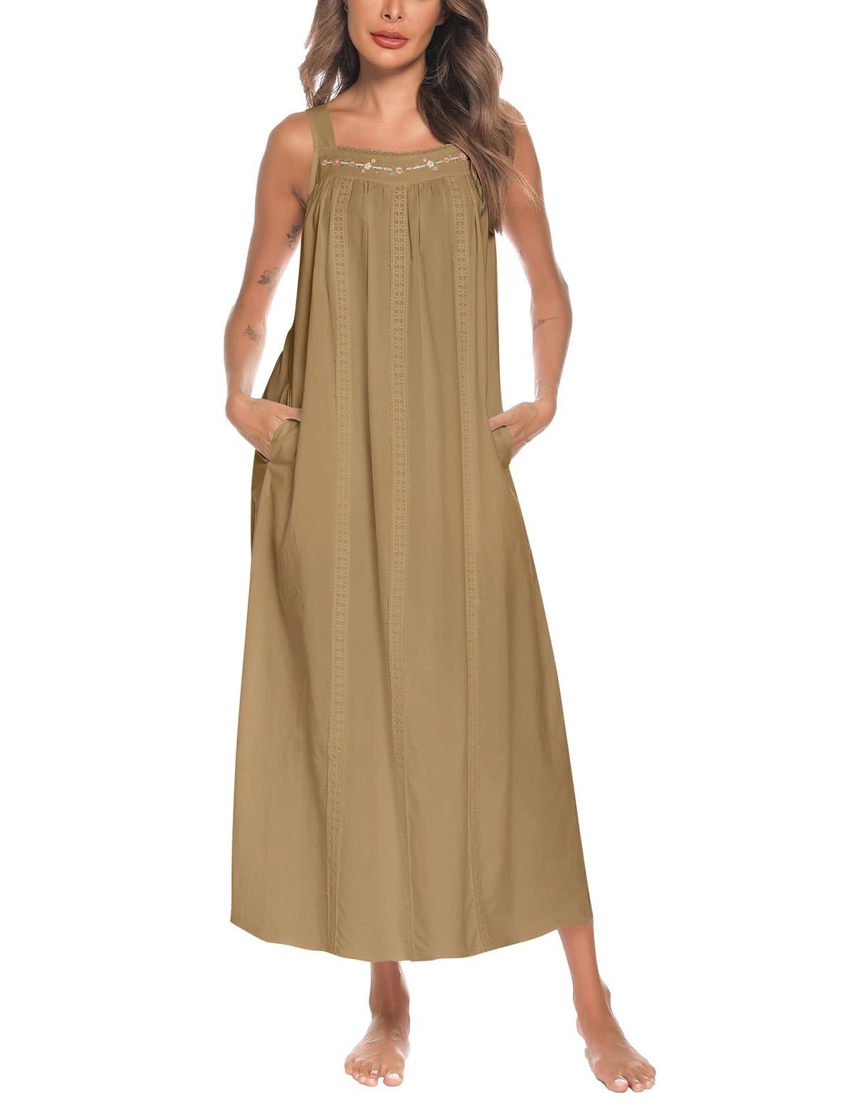 YOZLY Cotton Nightgowns for Women Embroidery Sleeveless Night Gown with Pockets S-XXXL