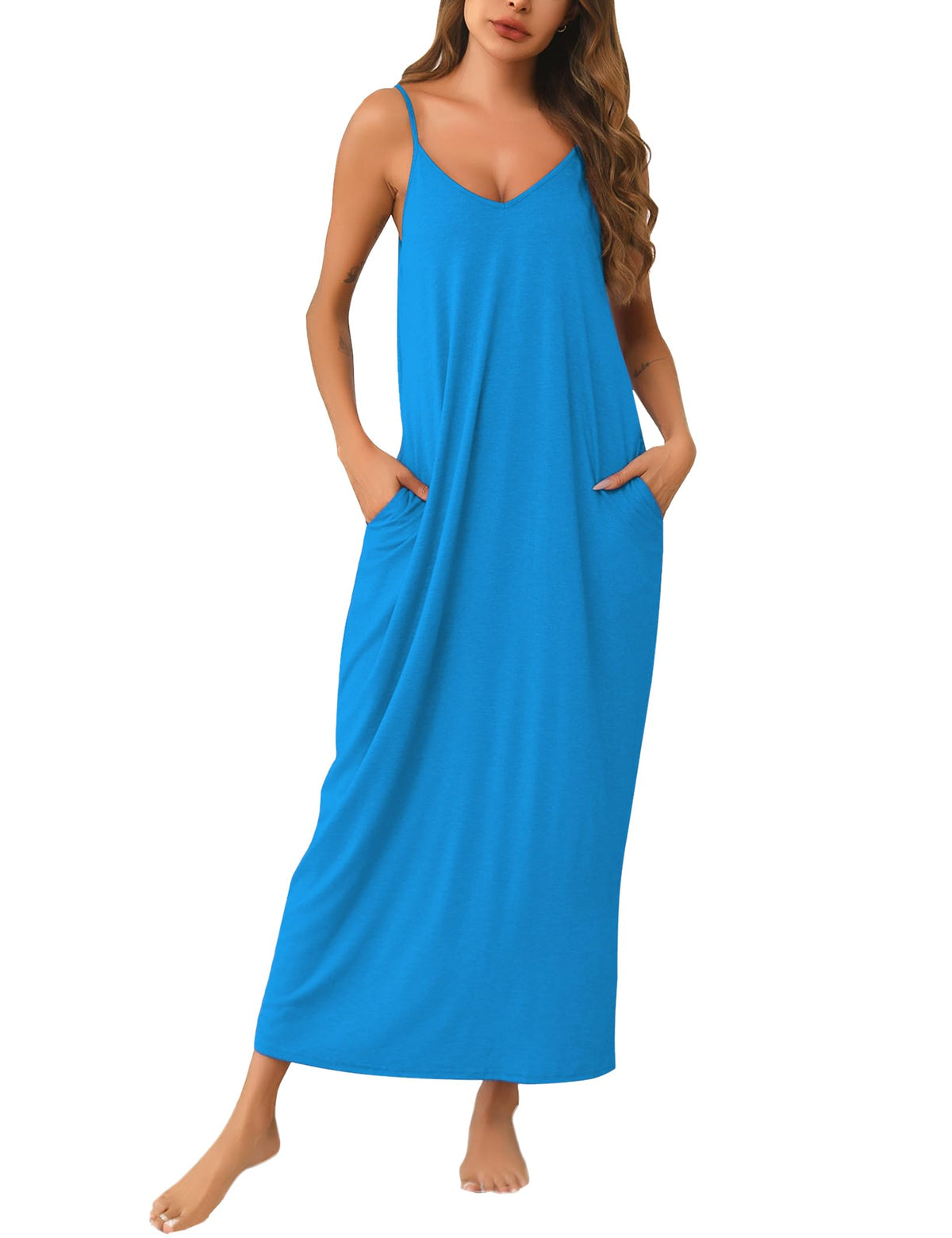 Marvmys Women's Cotton Long Nightgowns Sleeveless Sleep Dress with Pockets
