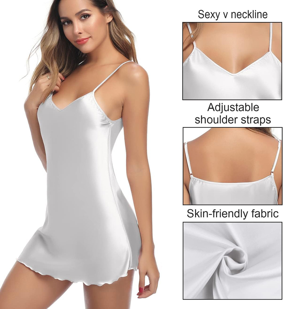 Litherday Women's Satin Nightgown Silk Slip Dress Sleepwear Sexy V Neck Negligee Lingerie Short Nightwear