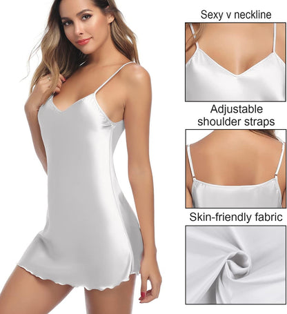 Litherday Women's Satin Nightgown Silk Slip Dress Sleepwear Sexy V Neck Negligee Lingerie Short Nightwear
