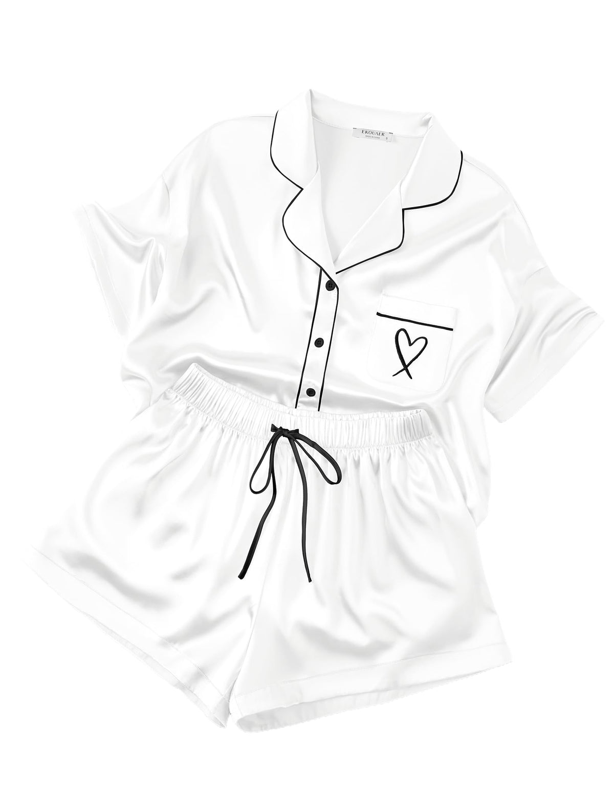 Ekouaer Womens Silk Satin Pajama Set, 2 Piece Heart Embroidery Short Sleeve Button Down Pjs Set for Bridal Party