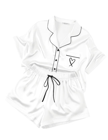 Ekouaer Womens Silk Satin Pajama Set, 2 Piece Heart Embroidery Short Sleeve Button Down Pjs Set for Bridal Party