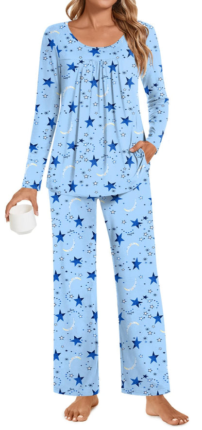 POPYOUNG Womens Pajama Set 2 Pieces Fall Pjs Comfy Sleepwear with Pockets