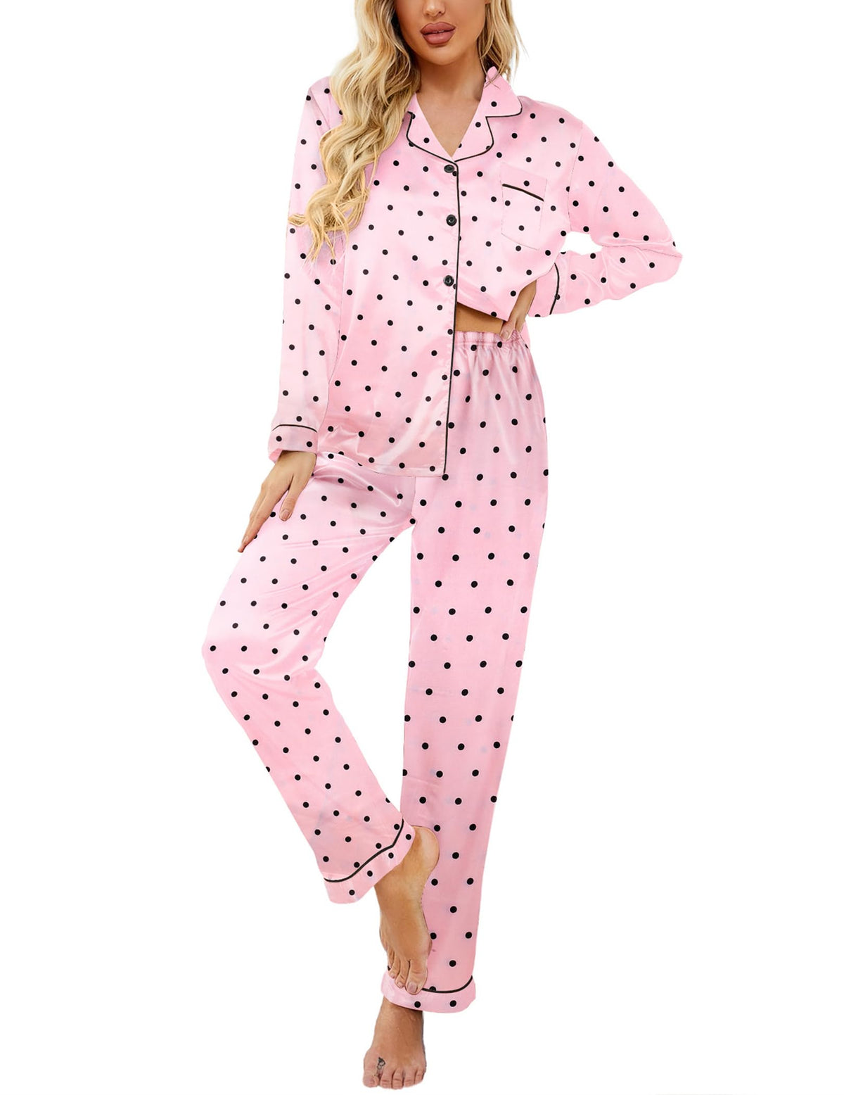 Ekouaer Women's Classic Button Down Long Satin Silk Pajama Set